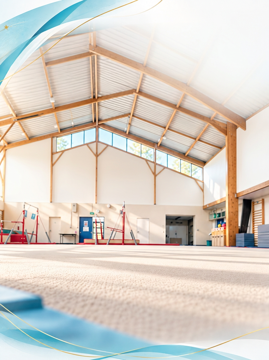 Salle de gymnastique lumineuse avec agrès et rubans turquoise et doré